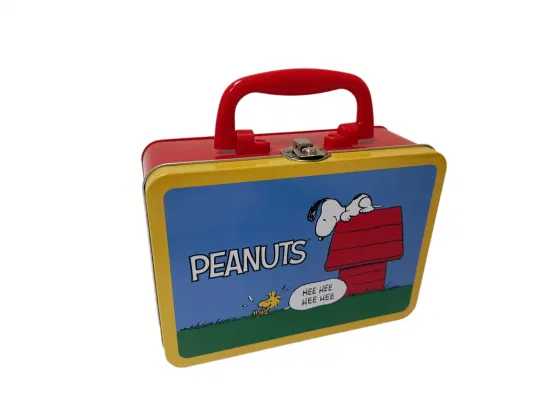 플라스틱 손잡이가 있는 직사각형 모양 여행 가방 주석 상자 자물쇠와 열쇠 손잡이가 있는 맞춤형 금속 도시락 주석 상자